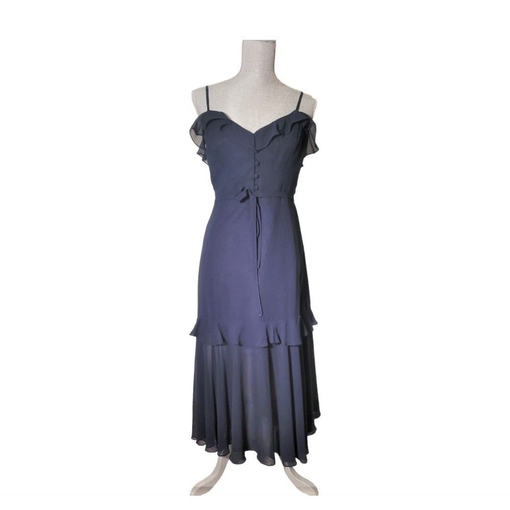 Betsy & Adam navy blue ruffled tiered chiffon sleeveless strap dress size 6